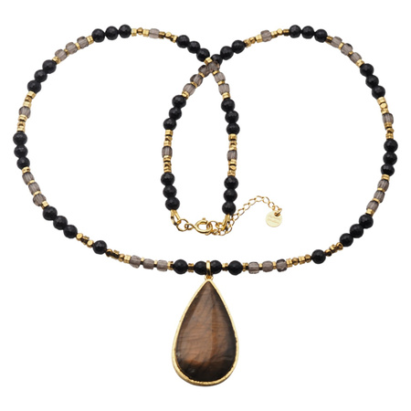 Naszyjnik z Labradorytem, Turmalinem i Kwarcem Dymnym – ręcznie wykonany, srebro pozłacane 925