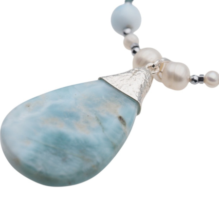 Naszyjnik z zawieszką - Larimar, Perła, Turmalin niebieski i srebro 