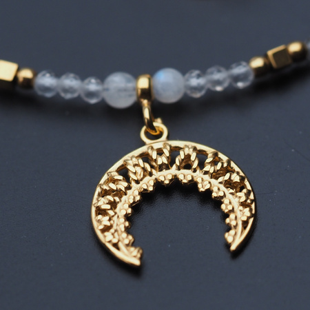 Naszyjnik - Kamień Księżycowy, Kryształ Górski, Hematyt, róg obfitości i srebro złocone