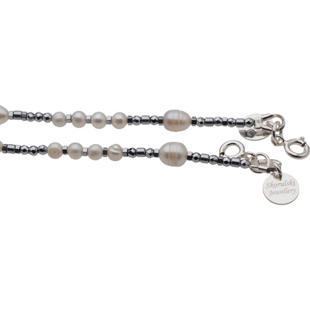 Bransoletka na nogę - Perły białe, czarne, hematyt i srebro