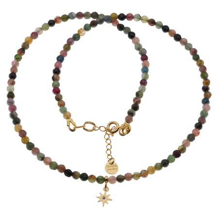 Naszyjnik regulowany - Turmalin kolorowy fasetowane kulki i srebro złocone