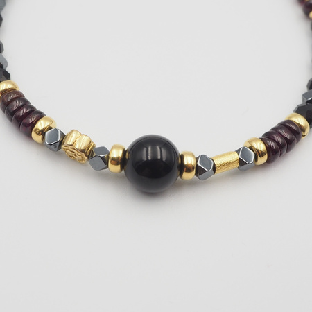 Bransoletka - Turmalin czarny, Granat, Hematyt i srebro złocone