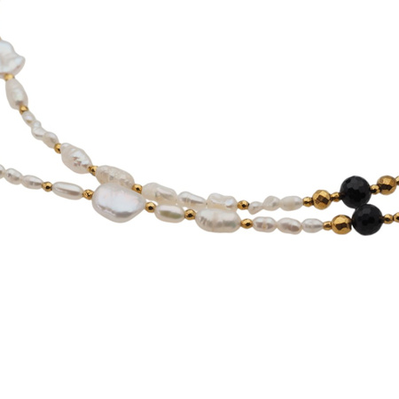 Naszyjnik długi - Białe Perły hodowane, Onyks i srebro złocone