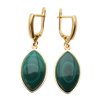 Kolczyki - malachit markiza w srebrze złoconym