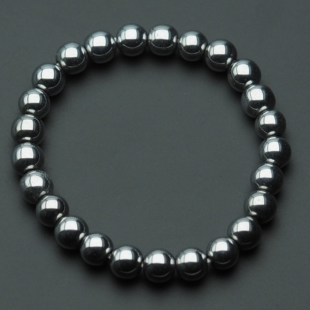 Bransoletka na gumce - Hematyt srebrny kulki 8 mm
