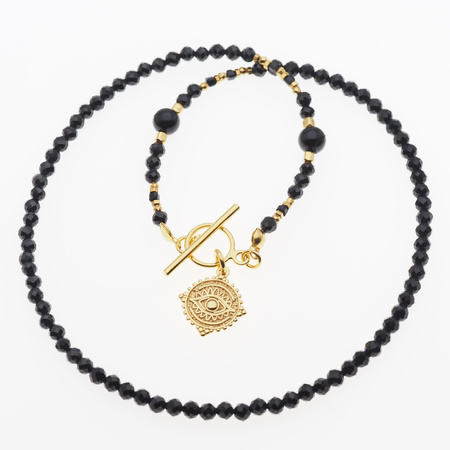 Naszyjnik- Turmalin czarny kulki, zawieszka oko proroka i srebro złocone