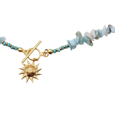 Naszyjnik z zawieszką - Larimar sieczka, słońce i srebro złocone