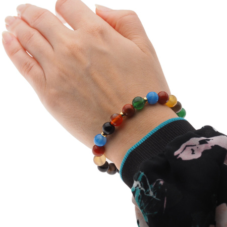 Bransoletka 18,5 cm - Agat kolorowy kulki 8mm i srebro złocone