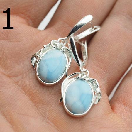 Kolczyki - larimar owal w srebrze z liśćmi