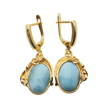 Kolczyki - larimar owal w srebrze złoconym z liśćmi