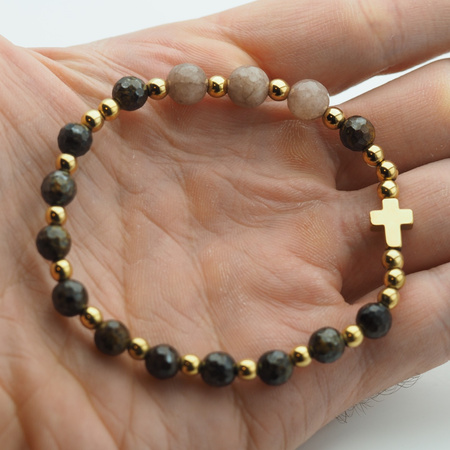 Bransoletka różaniec na gumce - Bronzyt i Kamień Słoneczny, złocony hematyt,