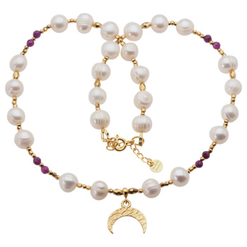 Naszyjnik - Białe Perły, Rubin, hematyt i srebro złocone