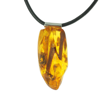 Naszyjnik na rzemieniu - przezroczysty Bursztyn z gałęzią oraz muchami