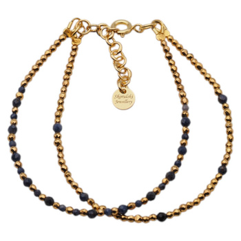 Bransoletka podwójna znak zodiaku ryby - Szafir, Hematyt i srebro złocone