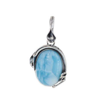 Zawieszka - larimar owal w srebrze oksydowanym z liśćmi