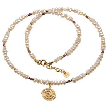 Naszyjnik - Białe Perły hodowane, Rubin, Hematyt i srebro złocone