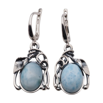 Kolczyki - larimar owal w srebrze oksydowanym z liśćmi