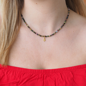 Naszyjnik regulowany - Turmalin kolorowy fasetowane kulki i srebro złocone