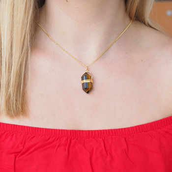 Naszyjnik - Tygrysie Oko sopel w okuciu na łańcuszku złoconym