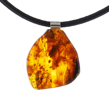 Naszyjnik na rzemieniu - surowy Bursztyn koniakowy i srebro