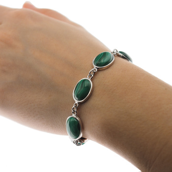 Bransoletka z owalnym malachitem w srebrze rodowanym