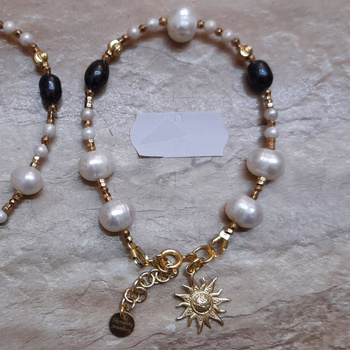 Bransoletka - Białe, granatowe Perły hodowane i srebro złocone