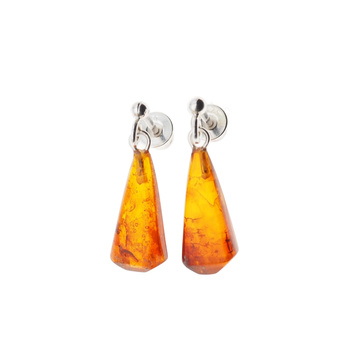 Kolczyki wiszące sztyfty - koniakowy Bursztyn stożki i srebro