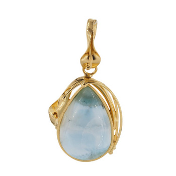 Zawieszka - larimar łza w srebrze złoconym z liśćmi