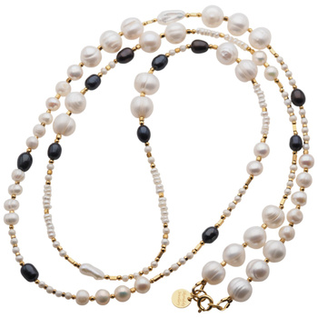 Naszyjnik długi - Białe, czarne Perły hodowane i srebro złocone