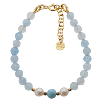 Bransoletka - Akwamaryn fasetowany, Perły, Larimar, Hematyt i srebro złocone