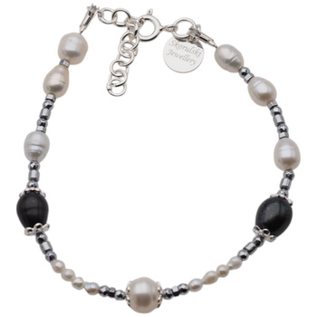 Bransoletka - Perły białe, czarne, hematyt i srebro