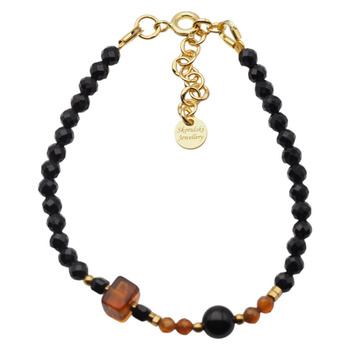 Bransoletka - Turmalin czarny, Bursztyn, Granat brązowy i srebro złocone