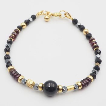 Bransoletka - Turmalin czarny, Granat, Hematyt i srebro złocone