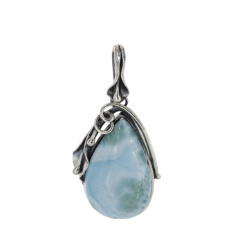 Zawieszka - larimar łza w srebrze oksydowanym z liśćmi