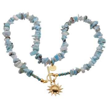 Naszyjnik z zawieszką - Larimar sieczka, słońce i srebro złocone