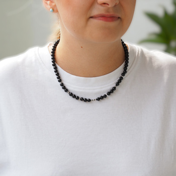 Naszyjnik - Turmalin czarne kulki, Hematyt i srebro