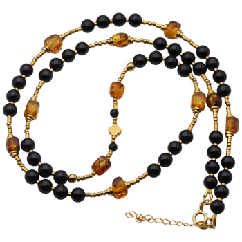 Naszyjnik długi - turmalin, bursztyn, hematyt i srebro pozłacane