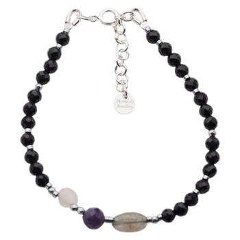 Bransoletka mix - Turmalin, ametyst, kwarc różowy, labradoryt i srebro 