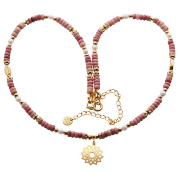 Naszyjnik - Rodonit, Perły, Hematyt złoty i srebro złocone