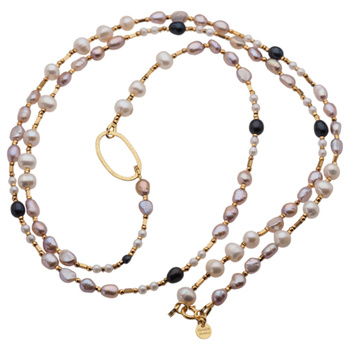 Naszyjnik długi - Białe, różowe, czarne Perły hodowane i srebro złocone