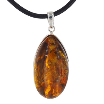 Naszyjnik na rzemieniu - Bursztyn łza z inkluzjami roślinnymi w srebrze 