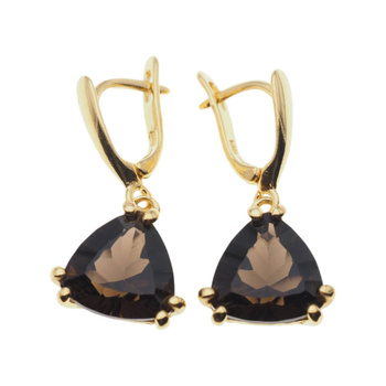 Kolczyki - Kwarc dymny trójkąt (szlif diamentowy) w srebrze złoconym