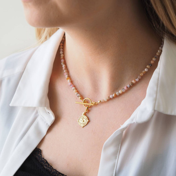 Naszyjnik z okiem proroka - Opal Różowy i srebro złocone